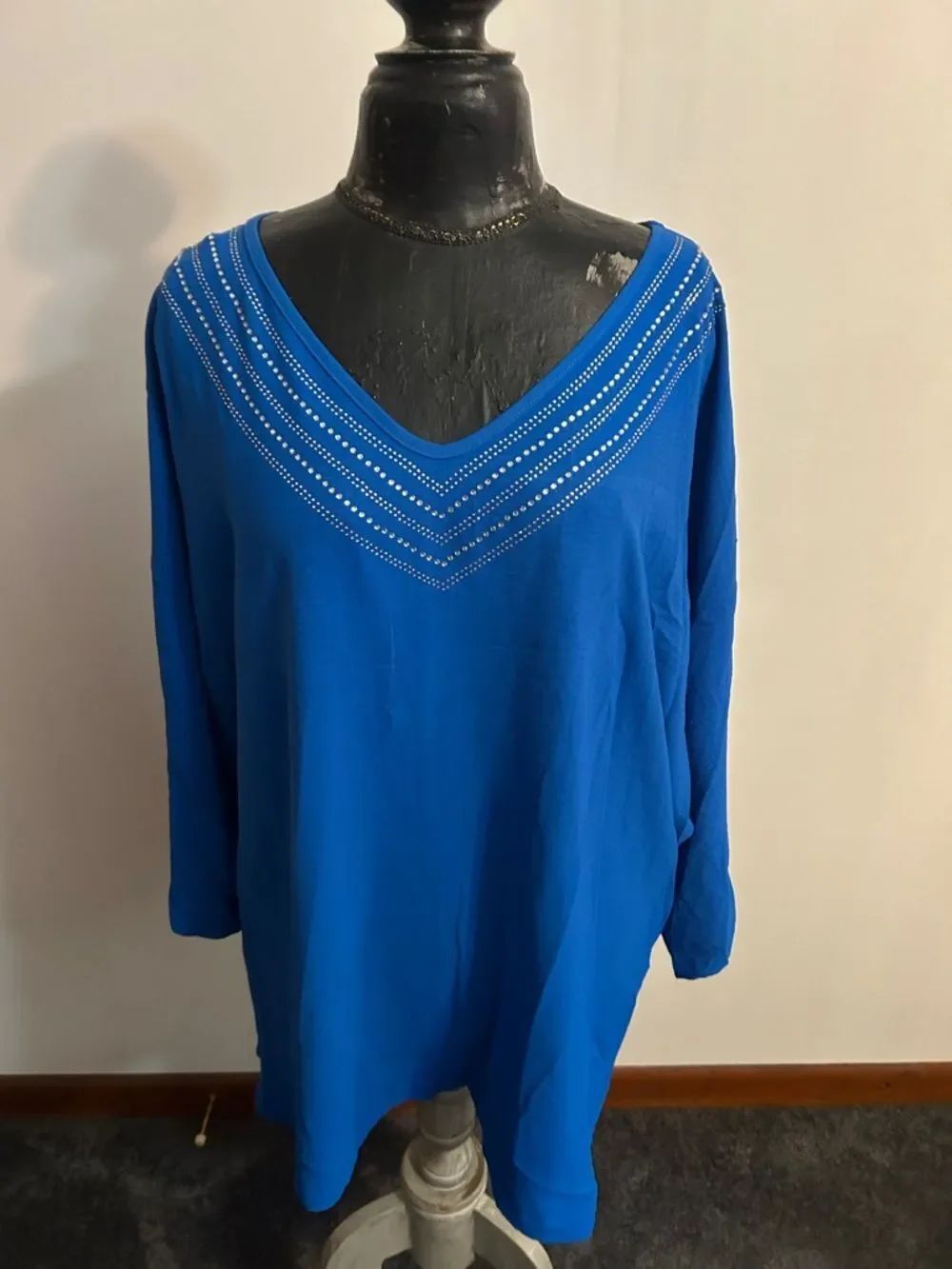 Ashley Stewart Royal Blue V-Neck Women's Top with Rhinestone Detail